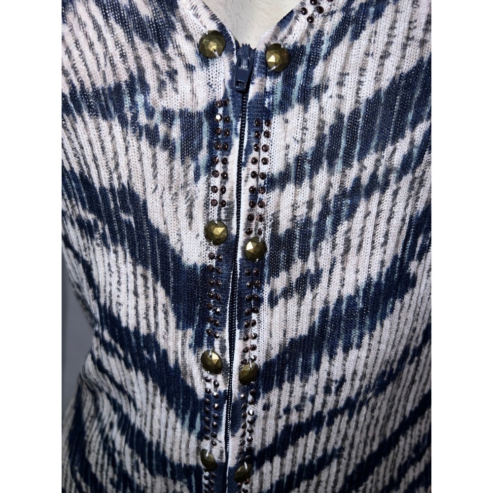 Alberto Makali Zebra Print Studded Rhinestone Zip Front Ribbed Knit Top XL Navy - Picture 3 of 8